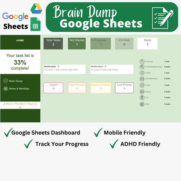 Brain Dump Google Sheets, adhd to do list, google sheets dashboard, digital planner google drive 2023, Google Sheets Bujo Template