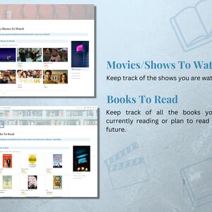 Op de afbeelding: Een screenshot van een website met twee secties, "Films/Series om te kijken" en "Boeken om te lezen". De sectie "Films/Series om te kijken" heeft een lijst met films en series met afbeeldingen en titels. De sectie "Boeken om te lezen" heeft een lijst met boeken met afbeeldingen en titels.
