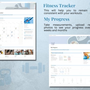 Op de afbeelding: Een screenshot van een fitness-tracker website met een kalender, voortgangsgrafieken en foto's. De website is ontworpen om gebruikers te helpen hun fitnessvoortgang bij te houden en gemotiveerd te blijven.
