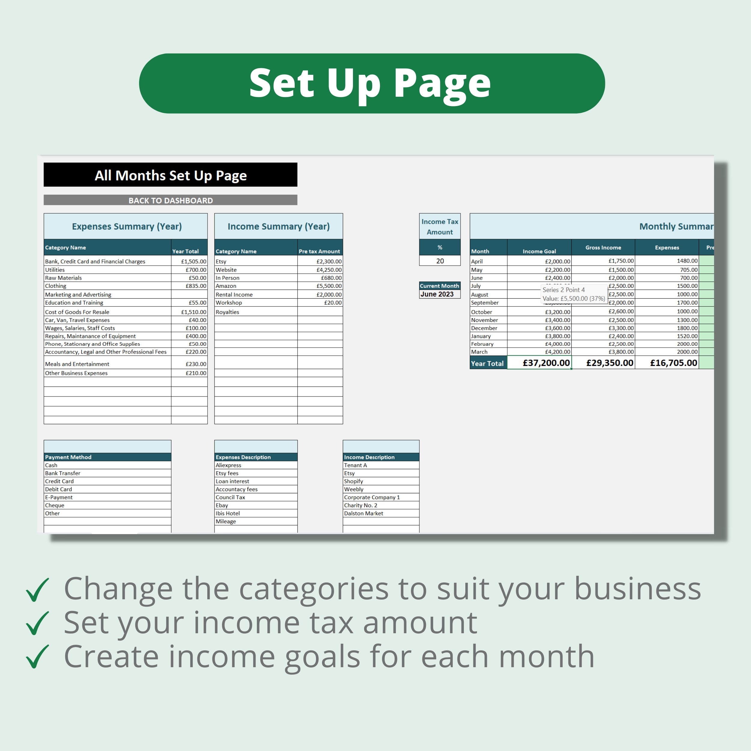 Basic income and expenses tracker for small businesses.