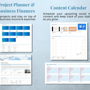 Op de afbeelding: Een digitale planner in een blauw-wit kleurenschema. De planner bevat secties voor projectplanning, bedrijfsfinanci&euml;n en een contentkalender. De contentkalender bevat een social media tracker met een kalenderrooster en een sectie voor social media post-idee&euml;n.