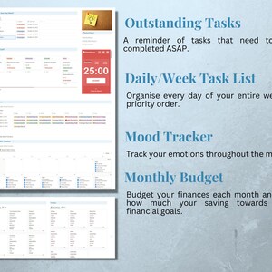 Op de afbeelding: Een blauwe en witte printbare planner met secties voor uitstaande taken, een dagelijkse/wekelijkse takenlijst, een stemmingstracker en een maandelijks budget. De planner bevat een timer met de tekst "25:00" en een lampje-icoon.