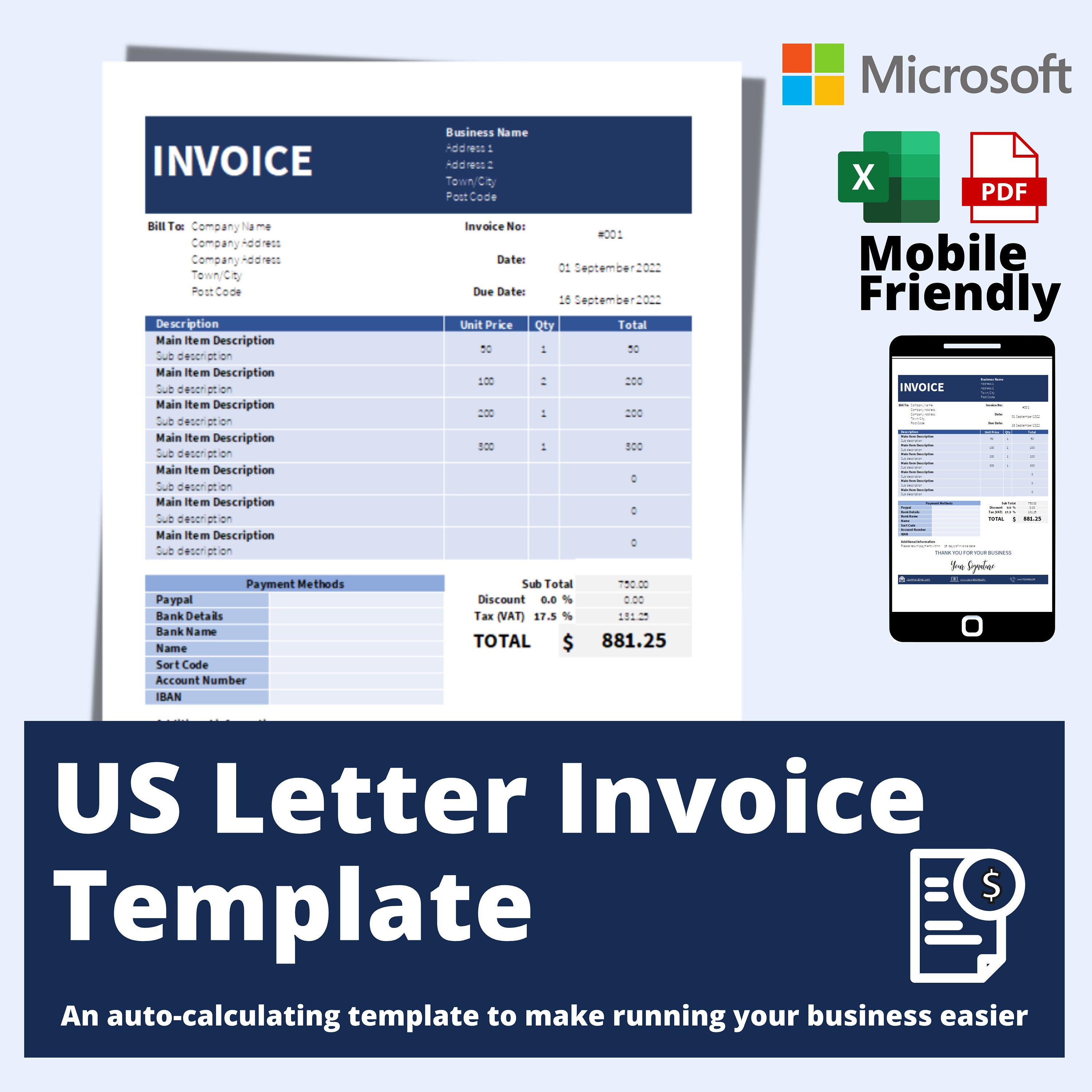 Stationery US Letter Editable Excel Invoice Spreadsheet Template ...