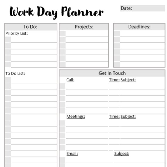 Work Day Planner Organizer Excel Printable A4 Planner | Etsy