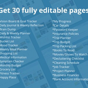 Op de afbeelding: Een blauwe en witte afbeelding met de tekst "Get 30 fully editable pages" en een lijst van 30 afdrukbare plannerpagina's, waaronder "Vision Board & Goal Tracker", "Daily Journal & Weekly Reflection", "Brain Dump", "Daily & Weekly Planner", "Wishlist Tracker", "Bucket List", "Mood Tracker", "Weekly Meal Planner", "Shopping List", "Medical Information", "Symptom Checker", "Monthly Budget", "Grocery List", "Fitness Tracker", "Happy Place", "My Progress", "Car Details", "Password Keeper", "Insurance Policies", "Trip Planner", "Trip Budget", "Trip Packing List", "Books To Read", "Movies/Shows To Watch", "Decluttering Checklist", "Cleaning Schedule", "Job Tracker", "Project Planner", "Business Finances" en "Bank Account Information".