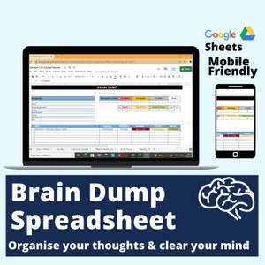 Könnte beinhalten: Ein Screenshot einer Google Sheets-Tabelle mit dem Titel "Brain Dump" auf einem Laptop-Bildschirm. Die Tabelle soll dabei helfen, Gedanken zu ordnen und den Geist zu klären. Die Tabelle ist in Kategorien unterteilt, darunter "Nicht gestartet", "In Bearbeitung", "In Wartestellung" und "Fertig". Die Tabelle ist auch mobilfreundlich.
