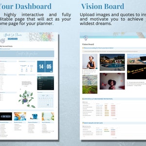 Op de afbeelding: Een digitaal dashboard met een blauwe achtergrond en de tekst "Ultimate Life Planner Dashboard" bovenaan. Het dashboard is onderverdeeld in secties, waaronder "My Second Brain", "Create a life you love", "Health & Fitness", "Financial & Business", "Fun & Adventures" en "Vision Board". De Vision Board-sectie bevat afbeeldingen van een vrouw die mediteert, een zwembad, een zonnebril, een laptop, een landschap en een citaat over opgaan en nooit opgeven.