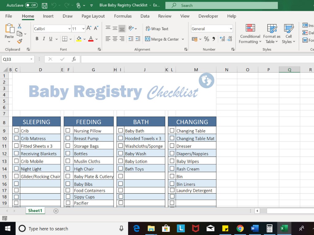 Editable Printable Blue Baby Registry Checklist Excel, Birth Plan
