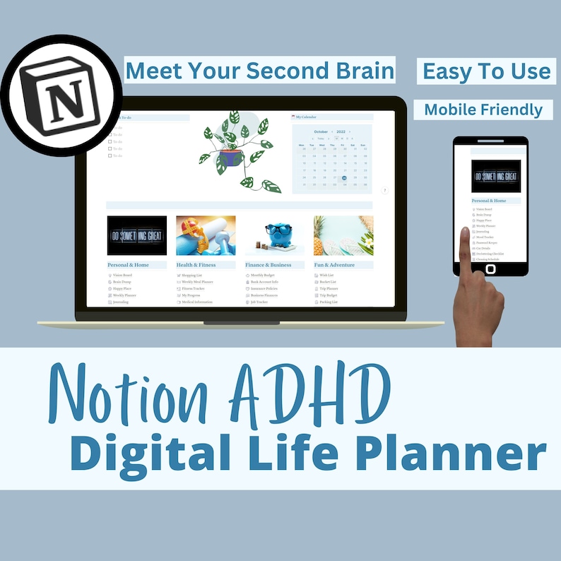 Op de afbeelding: Een digitale levensplanner voor mensen met ADHD, met behulp van de Notion-app. De afbeelding toont een laptopscherm met een kalender, takenlijsten en verschillende categorie&euml;n voor planning. De tekst "Notion ADHD Digital Life Planner" wordt onder de laptop weergegeven. Een mobiele telefoon wordt in de rechterbovenhoek van de afbeelding weergegeven, met een vergelijkbare interface.