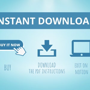 Op de afbeelding: Blauwe knop met de tekst "NU KOPEN" en een witte hand die erop wijst. Een blauw downloadpictogram met een pijl naar beneden. Een blauw laptop-pictogram. De tekst onder de pictogrammen luidt "KOPEN", "DE PDF-INSTRUCTIES DOWNLOADEN" en "BEWERKEN IN NOTION".