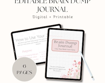 Brain Dump Notizbuch | ADHS-freundlicher digitaler Planer | Bearbeitbares iPad / Tablet und druckbares PDF | Angst Relief & geistige Klarheit