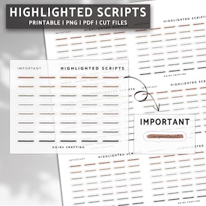 Op de afbeelding: Printbare sticker vellen met de tekst "HIGHLIGHTED SCRIPTS" en "IMPORTANT". De stickers zijn in verschillende tinten bruin, grijs en wit. De afbeelding bevat een close-up van een sticker met het woord "important".