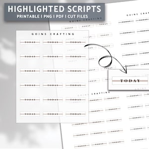 Op de afbeelding: Witte plannerstickers met het woord "TODAY" in een rechthoekige doos met een dunne roze lijn. De tekst "GOINS CRAFTING" is ook zichtbaar. De afbeelding is van printbare PNG-, PDF- en snijbestanden.