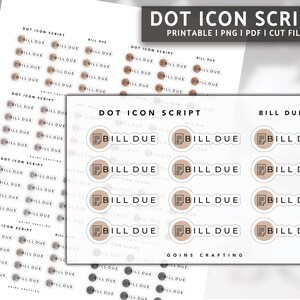 Op de afbeelding: Vellen stickers met de tekst "BILL DUE" en een documentpictogram. De stickers hebben een cirkelvormig ontwerp met een lichtbruine achtergrond en een witte rand. De tekst "DOT ICON SCRIPTS" staat bovenaan.