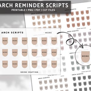 May include: Printable planner stickers with an arched design. The stickers are beige with black text that says "WORK". The stickers are arranged in a grid pattern on a white background.