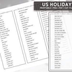 May include: A printable list of US holidays, organized by month, with each holiday name in a black rectangle. The title "US Holidays" is at the top of the page, with the text "Printable | PNG | PDF | Cut Files" below it.
