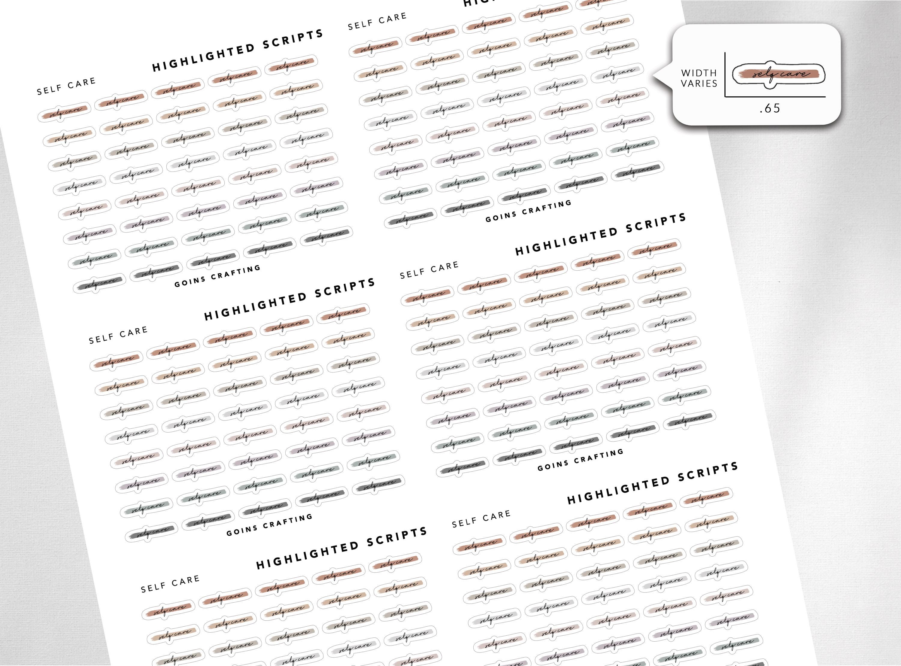 SELF CARE Cursive Highlighted Scripts, Minimal Planner Stickers ...