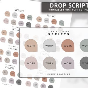 May include: Printable tear drop shaped stickers with the word "WORK" in black text on a variety of neutral colours, including beige, light grey, and dark grey. The stickers are designed for use in a planner or bullet journal.
