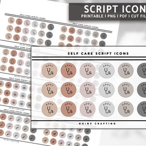 May include: A printable sheet of self-care script icons. The icons are in a variety of colors, including pink, brown, and gray. The icons include a stethoscope, a tooth, an eye, and a hand holding a paintbrush. The text "SELF CARE SCRIPT ICONS" is at the top of the sheet.