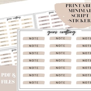May include: Printable minimalist script "NOTE" stickers in a beige color with black text. The stickers are arranged in three columns of seven stickers each. The text "goins crafting" is written in black script at the top of the page.