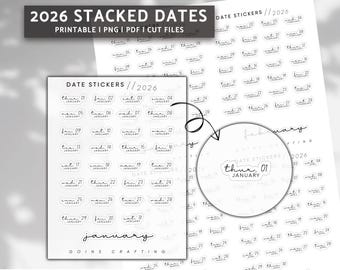 2026 Dates STACKED font, minimal planner stickers, journal stickers, digital stickers, bullet journal, hobonichi