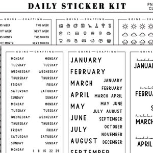 Puede incluir: Hoja de pegatinas imprimible en blanco y negro con pegatinas para el planificador diario. La hoja incluye pegatinas para los días de la semana, los meses del año y otros elementos esenciales del planificador.