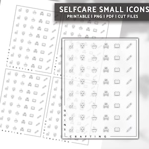 May include: Printable self-care icons in black and white. The icons include a face mask, bathtub, book, pencil, and a couch. The icons are arranged in rows on a white background. The text "SELFCARE SMALL ICONS" and "PRINTABLE I PNG I PDF I CUT FILES" is at the top of the page.