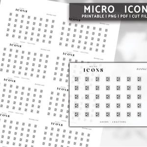 May include: Printable sheet of small black and white icons for planners and journals. The sheet includes icons for books, crafting, and other activities. The text "MICRO ICONS" is at the top of the sheet.