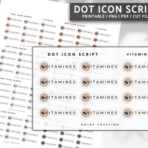 Op de afbeelding: Printbare sticker sheet met 10 ronde stickers met het woord "VITAMINES" in zwarte tekst op een beige achtergrond. Elke sticker heeft een kleine afbeelding van twee pillen.