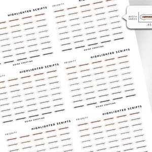 May include: A sheet of planner stickers with the words "HIGHLIGHTED SCRIPTS" and "PRIORITY" printed on them. The stickers are in various shades of brown and gray. The stickers are designed to be used in a planner or journal.