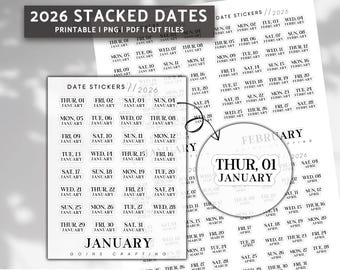 2026 Dates STACKED, minimal planner stickers, journal stickers, digital stickers, bullet journal, hobonichi