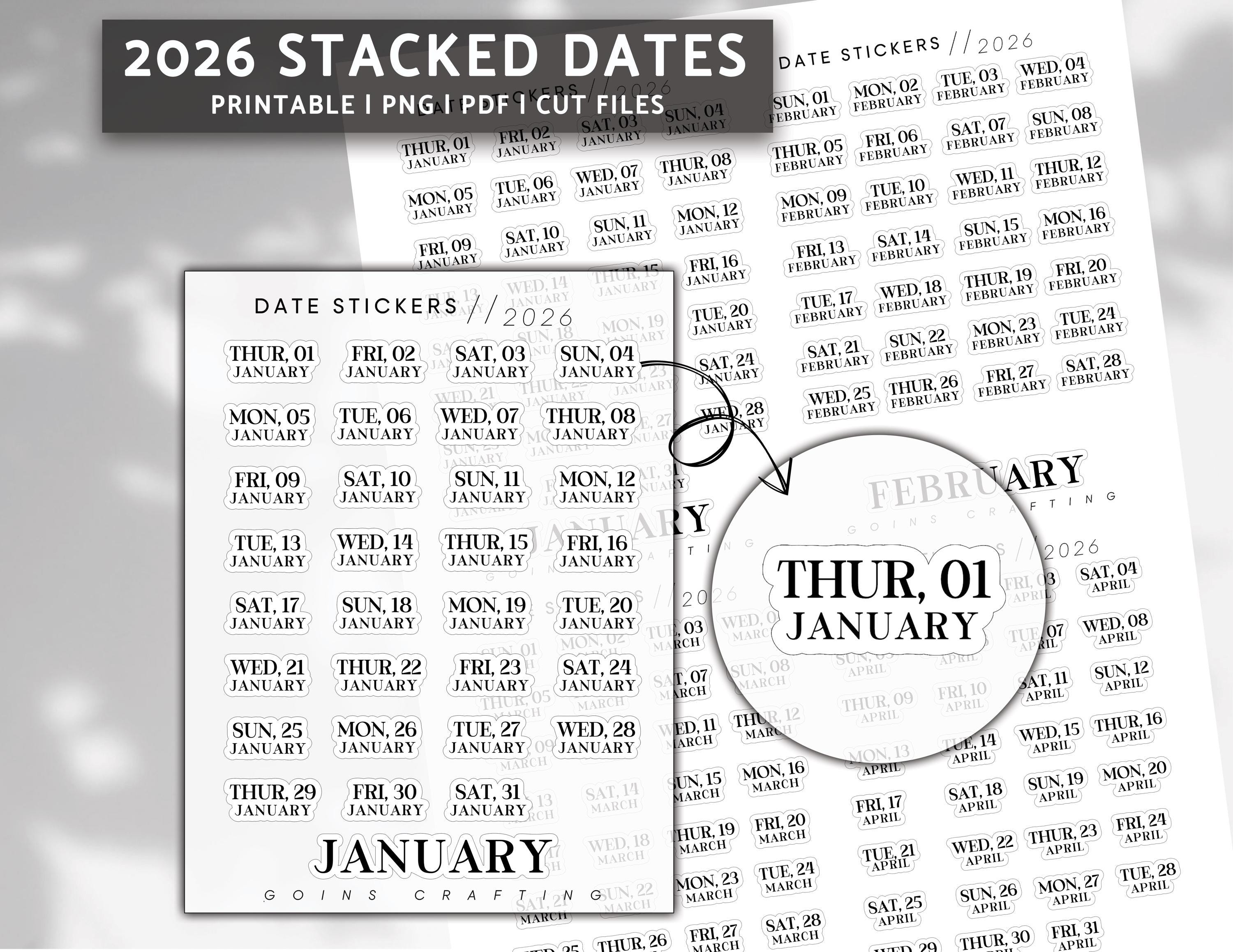 Date Box Sticker 2026 Dates STACKED, Minimal Planner Stickers, Journal Stickers, Digital ...