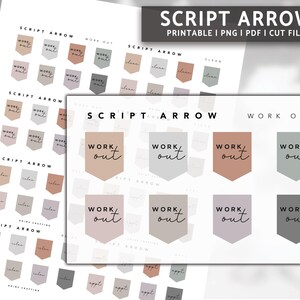 May include: Printable digital planner stickers with a script font. The stickers are in various shades of brown, gray, and pink. The stickers feature the text "Work Out" in a script font.