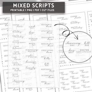 Op de afbeelding: Een bedrukbaar vel met zwart-witte planner stickers met verschillende taken en afspraken, zoals "waterrekening te betalen", "huis schoonmaken", "doktersafspraak" en "schoonmaakdag".