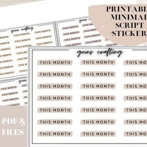 Puede incluir: Pegatinas imprimibles de escritura minimalista con el texto "THIS MONTH" en color neutro. Las pegatinas están dispuestas en filas y columnas sobre un fondo blanco. También es visible el texto "goins crafting".