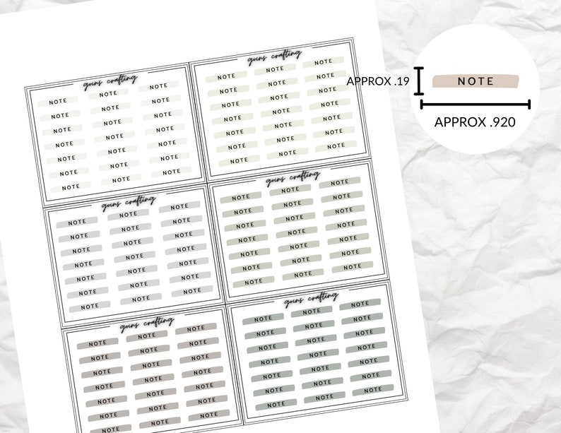 May include: A sheet of printable planner stickers with the text "guns crafting" and "NOTE" repeated multiple times. The stickers are in various shades of beige and grey.