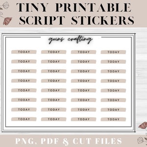 Puede incluir: Pegatinas digitales imprimibles para planificador con el texto "TODAY" repetido 36 veces en una fuente de letra cursiva. Las pegatinas son de color marrón claro y están dispuestas en una cuadrícula. El texto "goins crafting" está escrito en cursiva en la parte superior de la hoja. La imagen también incluye ilustraciones florales en marrón y rosa.