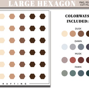 Puede incluir: Una hoja blanca con filas de formas hexagonales en varios tonos de marrón. El texto "LARGE HEXAGON" está en la parte superior, con "PNG, PDF & CUT FILES" debajo. El texto "COLORWAYS INCLUDED" está a la derecha, con muestras de color.
