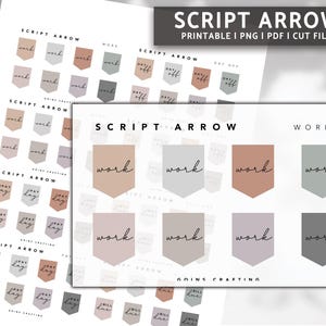 May include: Printable digital planner stickers with script font text in various colors. The stickers feature the words "work" and "day off" in a script font. The stickers are designed to be used in a planner or journal.