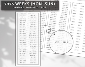 2026 weeks Mon - Sun STRAIGHT font, minimal planner stickers, journal stickers, digital stickers, bullet journal, hobonichi