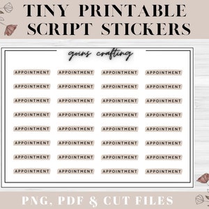 May include: A printable sheet of 20 "APPOINTMENT" script stickers in a neutral beige colour. The stickers are arranged in four columns of five stickers each. The text "going crafting" is written in a script font at the top of the sheet.