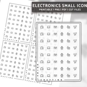Puede incluir: Una hoja imprimible de iconos de electrónica en blanco y negro. Los iconos incluyen un televisor, una cámara, un micrófono, notas musicales y auriculares. La hoja está etiquetada como "Electronics Small Icons" y "Printable I PNG I PDF I Cut Files".