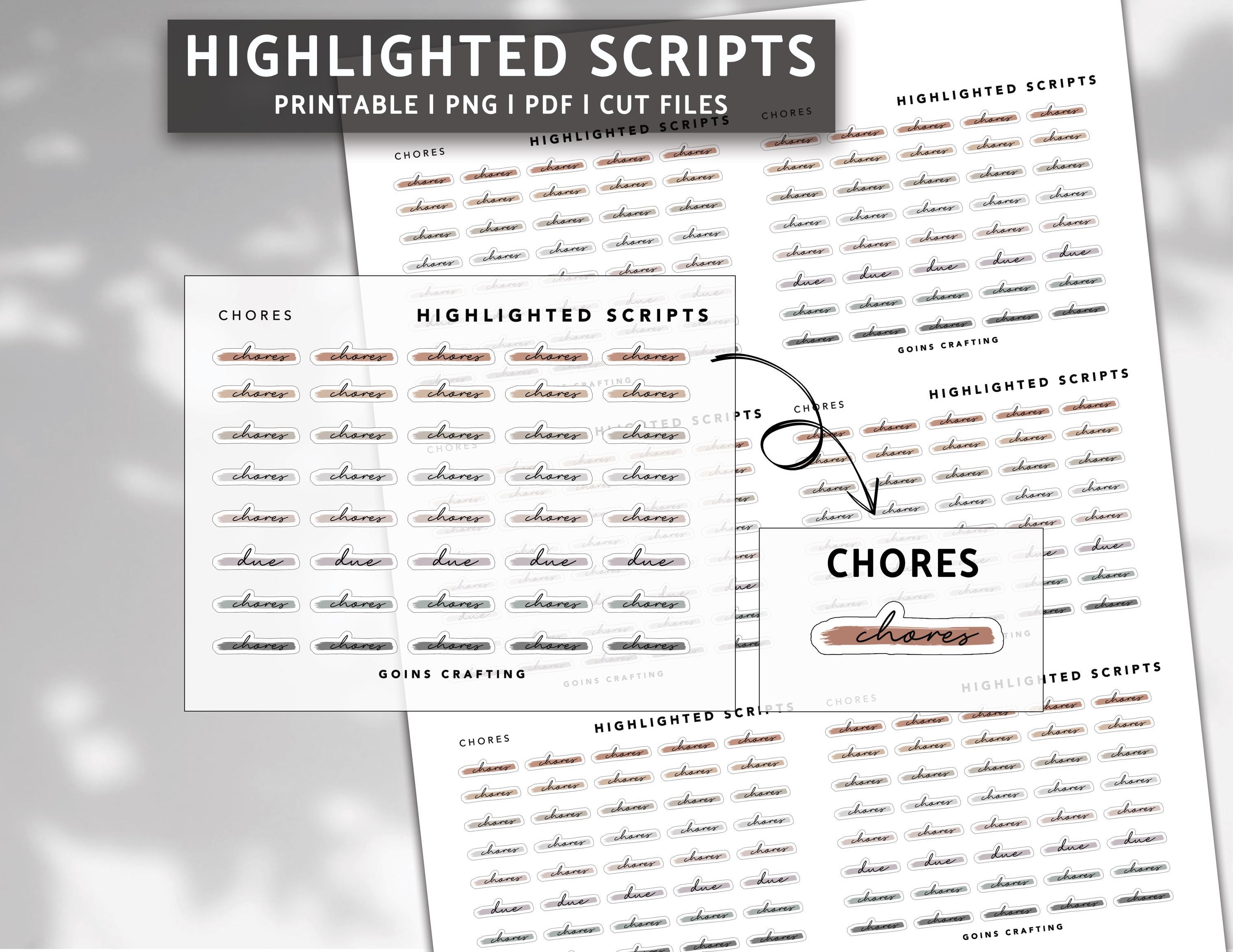 Cries Script Cursive CHORES Cursive Highlighted Scripts, Minimal Planner Stickers, Journal ...