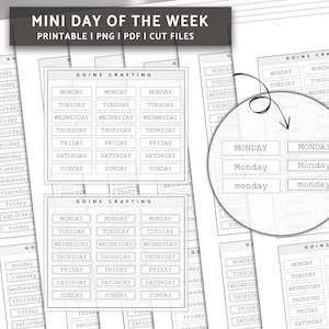 以下が含まれることがあります： 月曜日から日曜日までの曜日がグリッド形式で書かれた、白黒の印刷可能なプランナー用ステッカー。ステッカーには「Goins Crafting」とラベル付けされています。