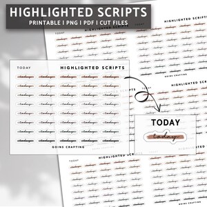 May include: Printable planner stickers with the word "today" written in different styles. The stickers are in black and white with a brown and pink accent. The stickers are arranged in rows on a white background.