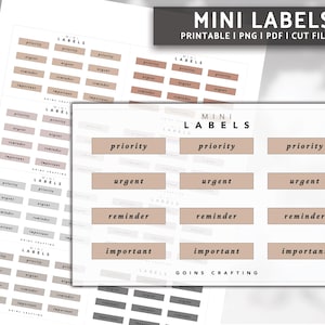 May include: Sheets of mini labels with the words "priority", "urgent", "reminder", and "important" printed on them. The labels are in shades of beige, gray, and white. The text "MINI LABELS" is at the top.