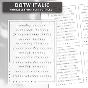 Könnte beinhalten: Druckbare Planer-Aufkleber mit den Wochentagen in kursiver Schrift. Die Aufkleber sind weiß mit schwarzem Text und sagen "Montag Dienstag", "Mittwoch Donnerstag", "Freitag Samstag Sonntag" und wiederholen sich.
