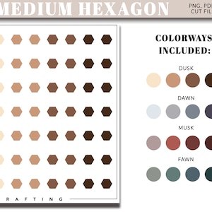 Puede incluir: Una hoja blanca con filas de hexágonos marrones de tamaño mediano en diferentes tonos. El texto "MEDIUM HEXAGON" y "COLORWAYS INCLUDED" están en la parte superior. Las combinaciones de colores incluyen Dusk, Dawn, Musk y Fawn.