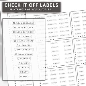 Puede incluir: Etiquetas de lista de verificación imprimibles con fondo blanco y texto negro. Las etiquetas incluyen categorías como "Limpiar dormitorios", "Limpiar cocina", "Limpiar baño", "Dormitorios", "Cambiar sábanas", "Limpiar coche", "Regar plantas", "Limpiar casa", "Lavandería", "Platos", "Tareas", "Polvo" y "Fregar".