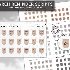 May include: Printable planner stickers with the text "Pay Day" in a rounded arch shape. The stickers are in various shades of brown and gray.